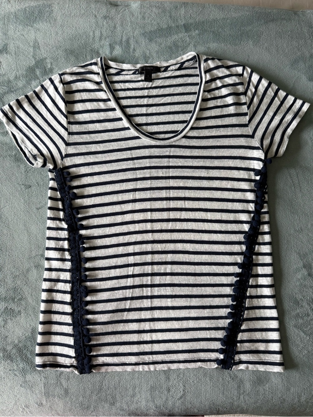 J. Crew Navy and White Striped Short Sleeve Tee with Side Crochet